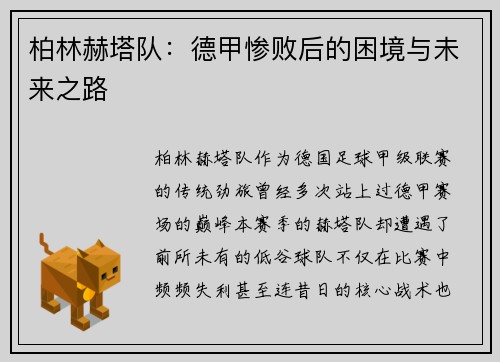 柏林赫塔队：德甲惨败后的困境与未来之路