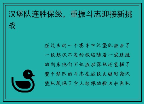 汉堡队连胜保级，重振斗志迎接新挑战