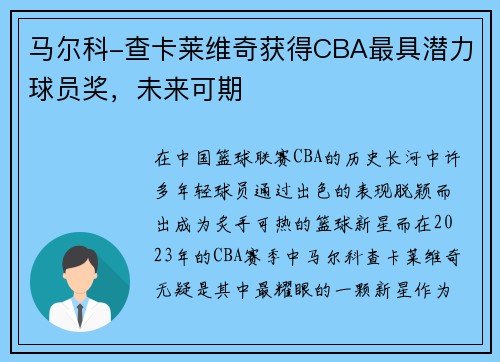马尔科-查卡莱维奇获得CBA最具潜力球员奖，未来可期